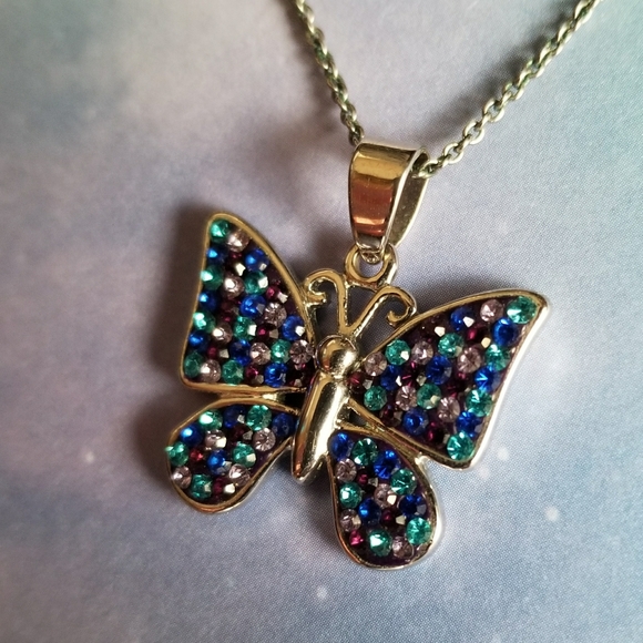 Relisted -Butterfly necklace blue and purple silver tone - Picture 7 of 13